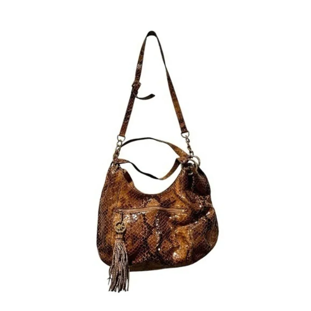 Michael Kors Hobo Purse Handbag Leather Snake Print Brown Y2K Tassle Crossbody